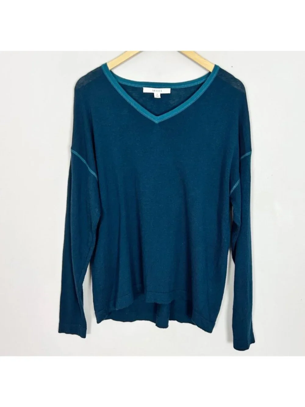 Mersea Delmar Deep Teal V-neck Sweater Contrast Stitching Size Petite One Size